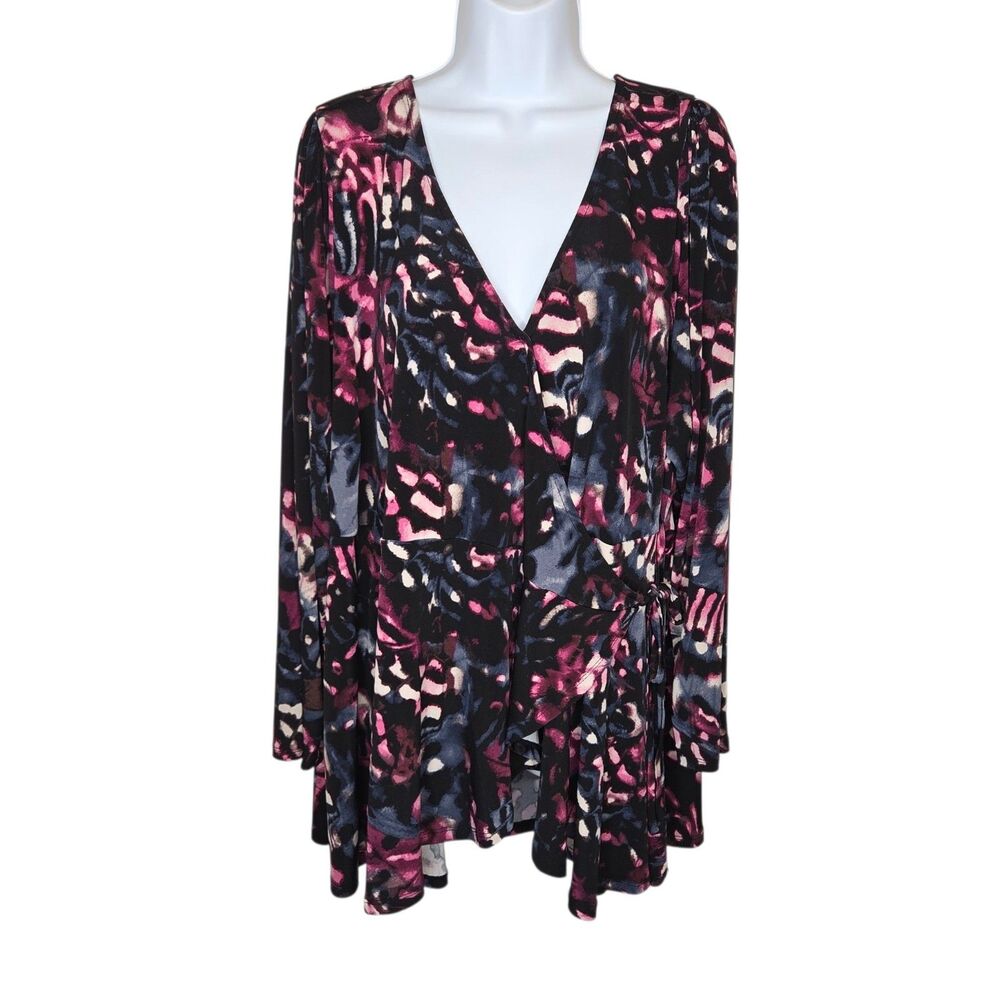 Torrid Plus Size 4 Faux Wrap Tunic Top Abstract Floral Purple Navy Long Sleeve